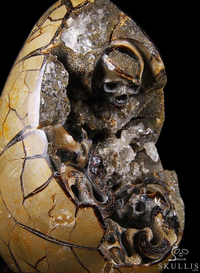 Titan 10.0" Dragon Septarian Stone Carved Crystal Skulls Sculpture, Ruby and Green Garnet Eyes Titan 10.0" Dragon Septarian Stone Carved Crystal Skulls Sculpture, Ruby and Green Garnet Eyes