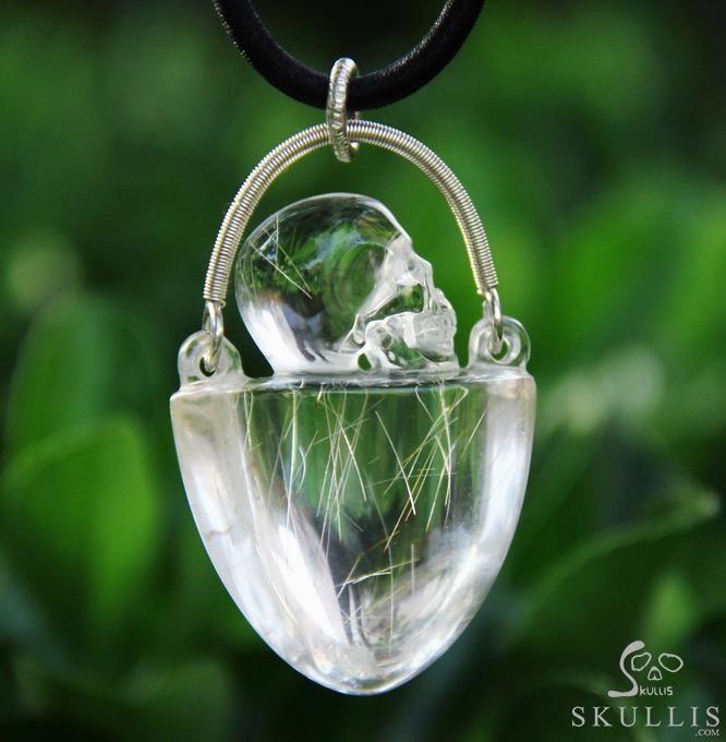 Gemstone Rutilated Quartz Rock Crystal & 925 Sterling Silver Carved Crystal Skull Pendant with 925 Sterling Silver Gemstone Rutilated Quartz Rock Crystal & 925 Sterling Silver Carved Crystal Skull Pendant with 925 Sterling Silver