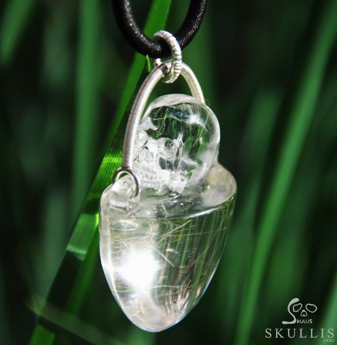 Gemstone Rutilated Quartz Rock Crystal & 925 Sterling Silver Carved Crystal Skull Pendant with 925 Sterling Silver Gemstone Rutilated Quartz Rock Crystal & 925 Sterling Silver Carved Crystal Skull Pendant with 925 Sterling Silver