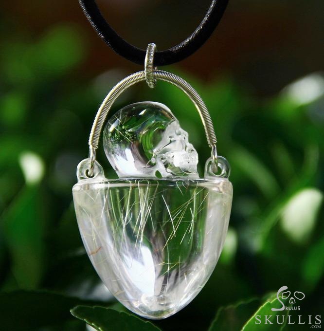 Gemstone Rutilated Quartz Rock Crystal & 925 Sterling Silver Carved Crystal Skull Pendant with 925 Sterling Silver Gemstone Rutilated Quartz Rock Crystal & 925 Sterling Silver Carved Crystal Skull Pendant with 925 Sterling Silver