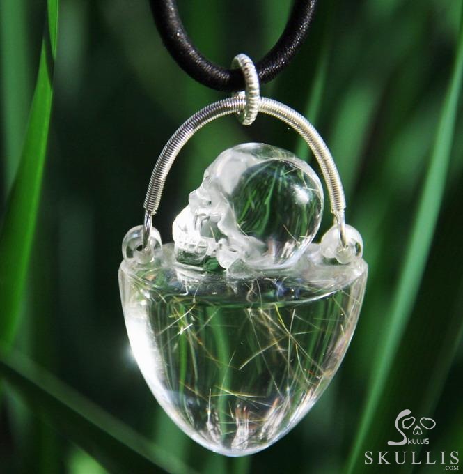 Gemstone Rutilated Quartz Rock Crystal & 925 Sterling Silver Carved Crystal Skull Pendant with 925 Sterling Silver Gemstone Rutilated Quartz Rock Crystal & 925 Sterling Silver Carved Crystal Skull Pendant with 925 Sterling Silver