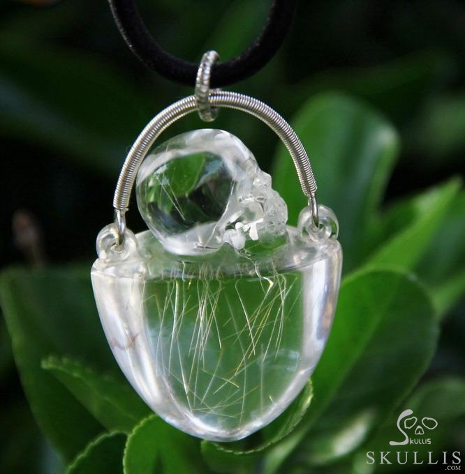 Gemstone Rutilated Quartz Rock Crystal & 925 Sterling Silver Carved Crystal Skull Pendant with 925 Sterling Silver Gemstone Rutilated Quartz Rock Crystal & 925 Sterling Silver Carved Crystal Skull Pendant with 925 Sterling Silver
