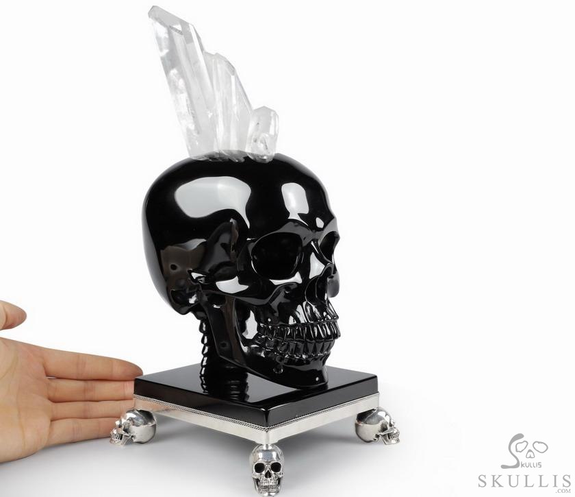 Amazing Quartz Druse & Black Obsidian Carved Crystal Skull Sculpture & 925 Sterling Silver Skulls Stand Amazing Quartz Druse & Black Obsidian Carved Crystal Skull Sculpture & 925 Sterling Silver Skulls Stand
