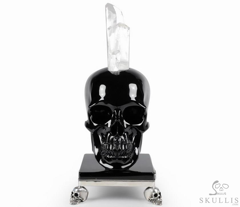 Amazing Quartz Druse & Black Obsidian Carved Crystal Skull Sculpture & 925 Sterling Silver Skulls Stand Amazing Quartz Druse & Black Obsidian Carved Crystal Skull Sculpture & 925 Sterling Silver Skulls Stand