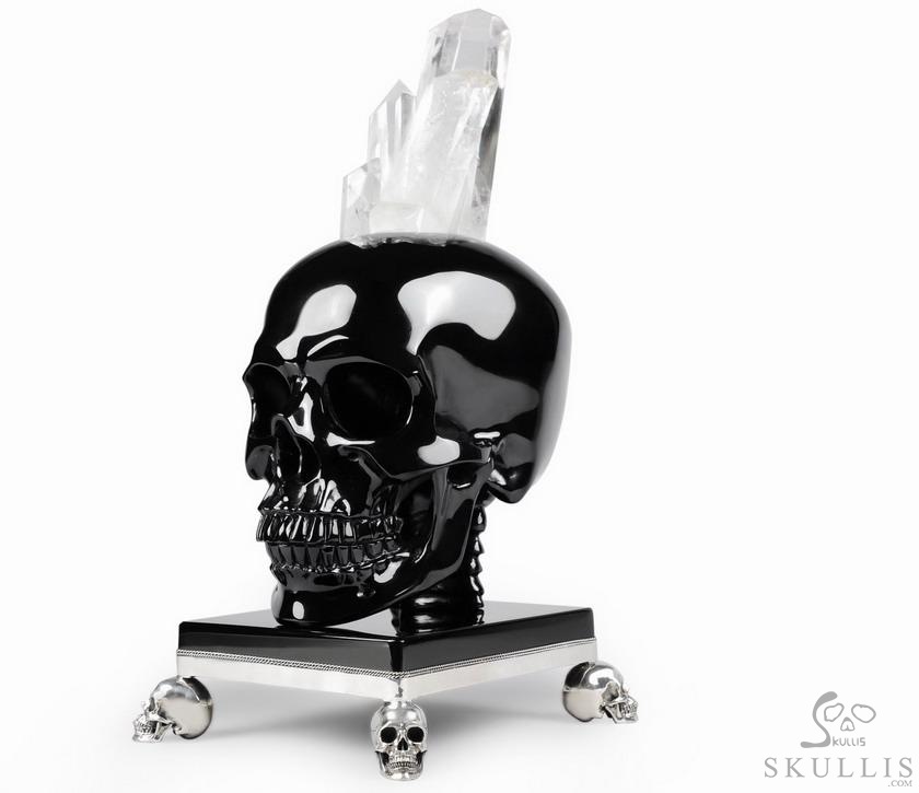 Amazing Quartz Druse & Black Obsidian Carved Crystal Skull Sculpture & 925 Sterling Silver Skulls Stand Amazing Quartz Druse & Black Obsidian Carved Crystal Skull Sculpture & 925 Sterling Silver Skulls Stand