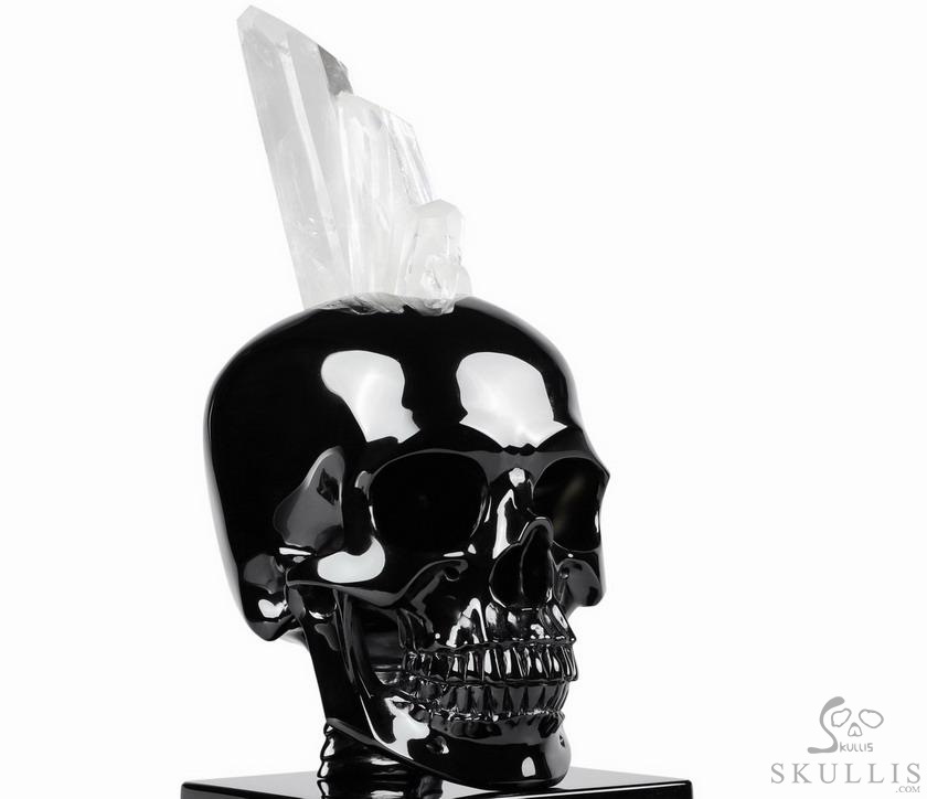 Amazing Quartz Druse & Black Obsidian Carved Crystal Skull Sculpture & 925 Sterling Silver Skulls Stand Amazing Quartz Druse & Black Obsidian Carved Crystal Skull Sculpture & 925 Sterling Silver Skulls Stand