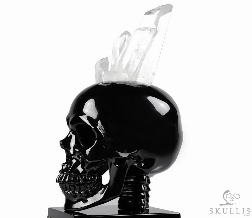 Amazing Quartz Druse & Black Obsidian Carved Crystal Skull Sculpture & 925 Sterling Silver Skulls Stand Amazing Quartz Druse & Black Obsidian Carved Crystal Skull Sculpture & 925 Sterling Silver Skulls Stand