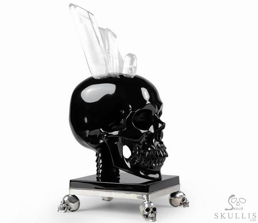 Amazing Quartz Druse & Black Obsidian Carved Crystal Skull Sculpture & 925 Sterling Silver Skulls Stand Amazing Quartz Druse & Black Obsidian Carved Crystal Skull Sculpture & 925 Sterling Silver Skulls Stand