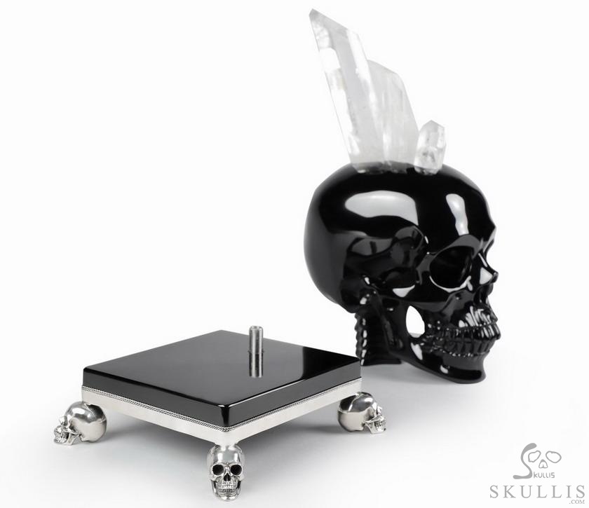 Amazing Quartz Druse & Black Obsidian Carved Crystal Skull Sculpture & 925 Sterling Silver Skulls Stand Amazing Quartz Druse & Black Obsidian Carved Crystal Skull Sculpture & 925 Sterling Silver Skulls Stand
