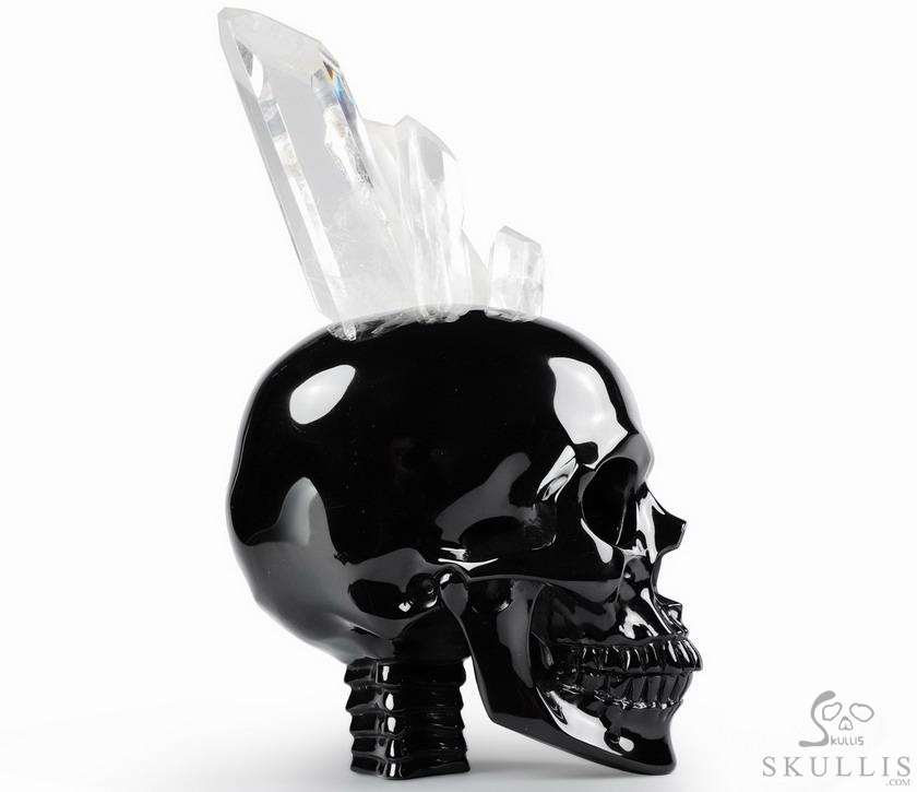 Amazing Quartz Druse & Black Obsidian Carved Crystal Skull Sculpture & 925 Sterling Silver Skulls Stand Amazing Quartz Druse & Black Obsidian Carved Crystal Skull Sculpture & 925 Sterling Silver Skulls Stand