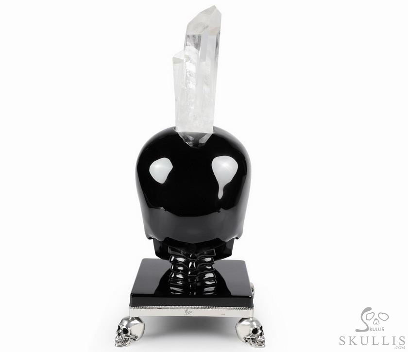 Amazing Quartz Druse & Black Obsidian Carved Crystal Skull Sculpture & 925 Sterling Silver Skulls Stand Amazing Quartz Druse & Black Obsidian Carved Crystal Skull Sculpture & 925 Sterling Silver Skulls Stand