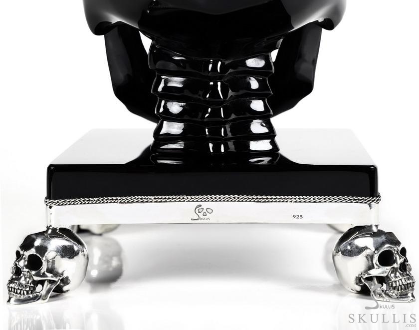 Amazing Quartz Druse & Black Obsidian Carved Crystal Skull Sculpture & 925 Sterling Silver Skulls Stand Amazing Quartz Druse & Black Obsidian Carved Crystal Skull Sculpture & 925 Sterling Silver Skulls Stand