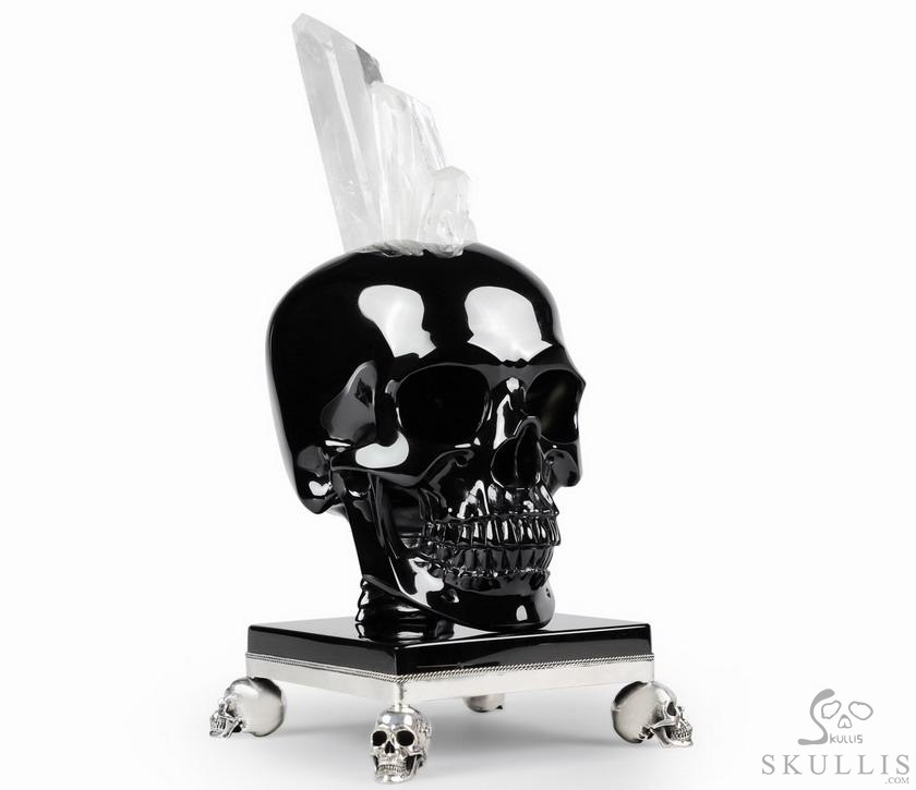 Amazing Quartz Druse & Black Obsidian Carved Crystal Skull Sculpture & 925 Sterling Silver Skulls Stand Amazing Quartz Druse & Black Obsidian Carved Crystal Skull Sculpture & 925 Sterling Silver Skulls Stand