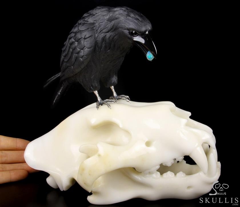 Original Titan 8.4" Black Obsidian Carved Crystal Raven with Opal in Mouth, Standing on Wolf Skull Sculpture, Crystal Healing Original Titan 8.4" Black Obsidian Carved Crystal Raven with Opal in Mouth, Standing on Wolf Skull Sculpture, Crystal Healing