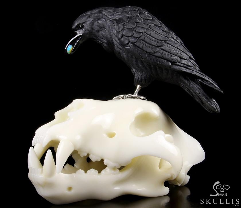 Original Titan 8.4" Black Obsidian Carved Crystal Raven with Opal in Mouth, Standing on Wolf Skull Sculpture, Crystal Healing Original Titan 8.4" Black Obsidian Carved Crystal Raven with Opal in Mouth, Standing on Wolf Skull Sculpture, Crystal Healing