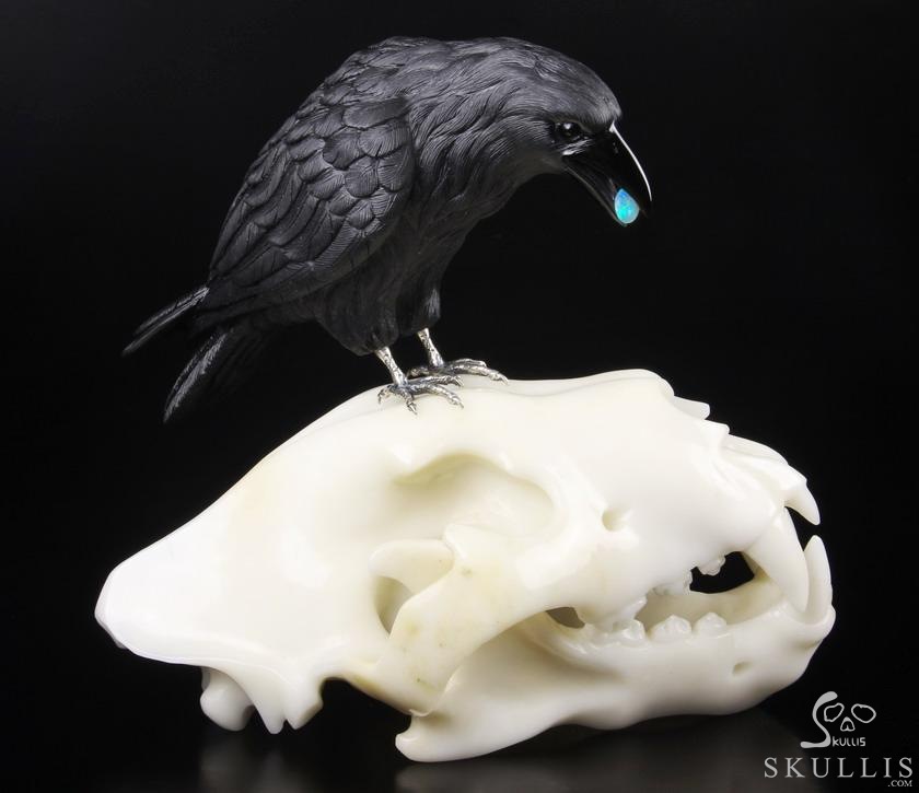 Original Titan 8.4" Black Obsidian Carved Crystal Raven with Opal in Mouth, Standing on Wolf Skull Sculpture, Crystal Healing Original Titan 8.4" Black Obsidian Carved Crystal Raven with Opal in Mouth, Standing on Wolf Skull Sculpture, Crystal Healing