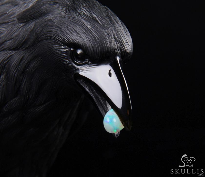 Original Titan 8.4" Black Obsidian Carved Crystal Raven with Opal in Mouth, Standing on Wolf Skull Sculpture, Crystal Healing Original Titan 8.4" Black Obsidian Carved Crystal Raven with Opal in Mouth, Standing on Wolf Skull Sculpture, Crystal Healing