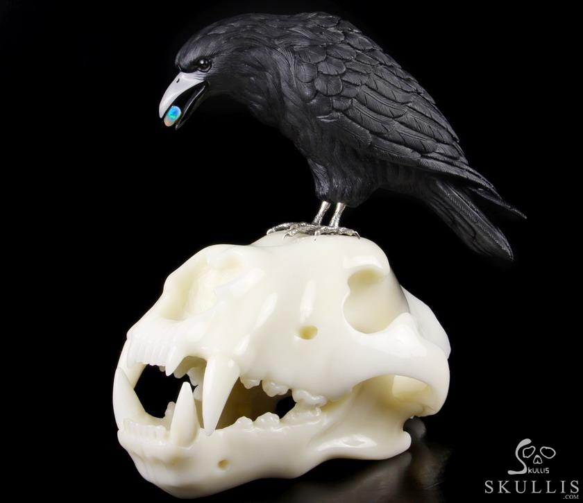 Original Titan 8.4" Black Obsidian Carved Crystal Raven with Opal in Mouth, Standing on Wolf Skull Sculpture, Crystal Healing Original Titan 8.4" Black Obsidian Carved Crystal Raven with Opal in Mouth, Standing on Wolf Skull Sculpture, Crystal Healing