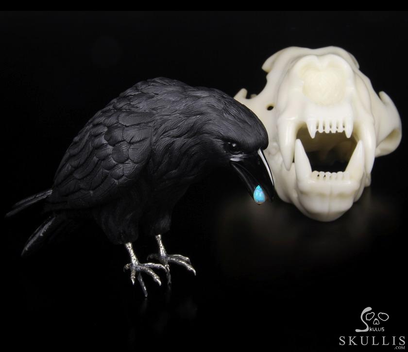Original Titan 8.4" Black Obsidian Carved Crystal Raven with Opal in Mouth, Standing on Wolf Skull Sculpture, Crystal Healing Original Titan 8.4" Black Obsidian Carved Crystal Raven with Opal in Mouth, Standing on Wolf Skull Sculpture, Crystal Healing