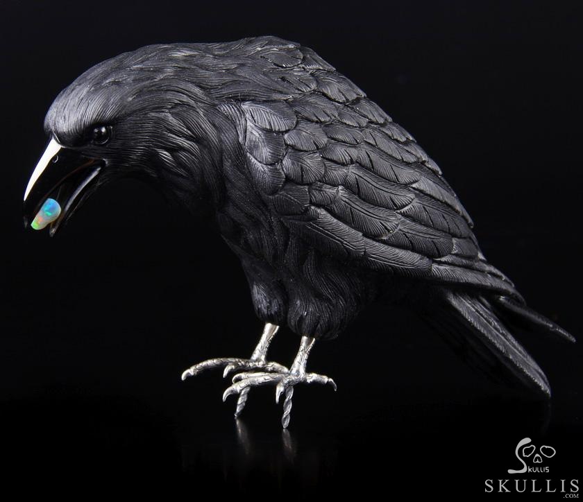 Original Titan 8.4" Black Obsidian Carved Crystal Raven with Opal in Mouth, Standing on Wolf Skull Sculpture, Crystal Healing Original Titan 8.4" Black Obsidian Carved Crystal Raven with Opal in Mouth, Standing on Wolf Skull Sculpture, Crystal Healing