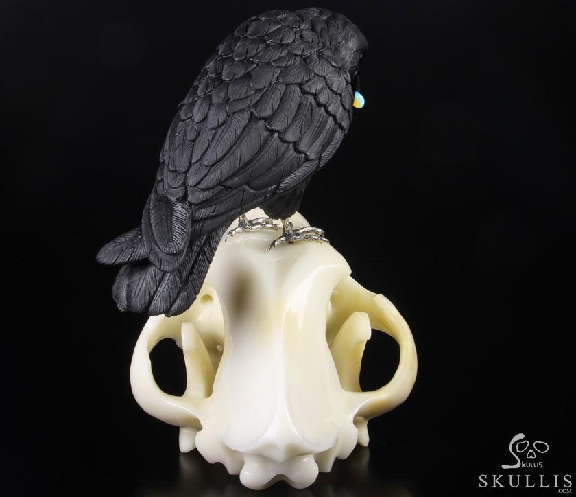 Original Titan 8.4" Black Obsidian Carved Crystal Raven with Opal in Mouth, Standing on Wolf Skull Sculpture, Crystal Healing Original Titan 8.4" Black Obsidian Carved Crystal Raven with Opal in Mouth, Standing on Wolf Skull Sculpture, Crystal Healing