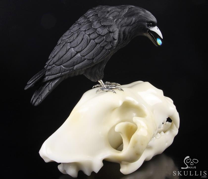 Original Titan 8.4" Black Obsidian Carved Crystal Raven with Opal in Mouth, Standing on Wolf Skull Sculpture, Crystal Healing Original Titan 8.4" Black Obsidian Carved Crystal Raven with Opal in Mouth, Standing on Wolf Skull Sculpture, Crystal Healing