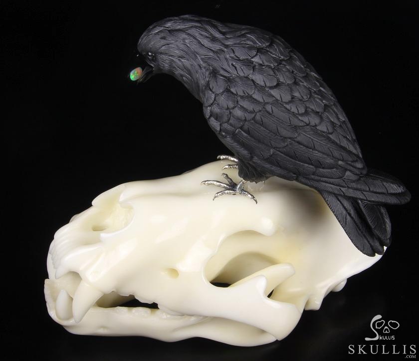Original Titan 8.4" Black Obsidian Carved Crystal Raven with Opal in Mouth, Standing on Wolf Skull Sculpture, Crystal Healing Original Titan 8.4" Black Obsidian Carved Crystal Raven with Opal in Mouth, Standing on Wolf Skull Sculpture, Crystal Healing