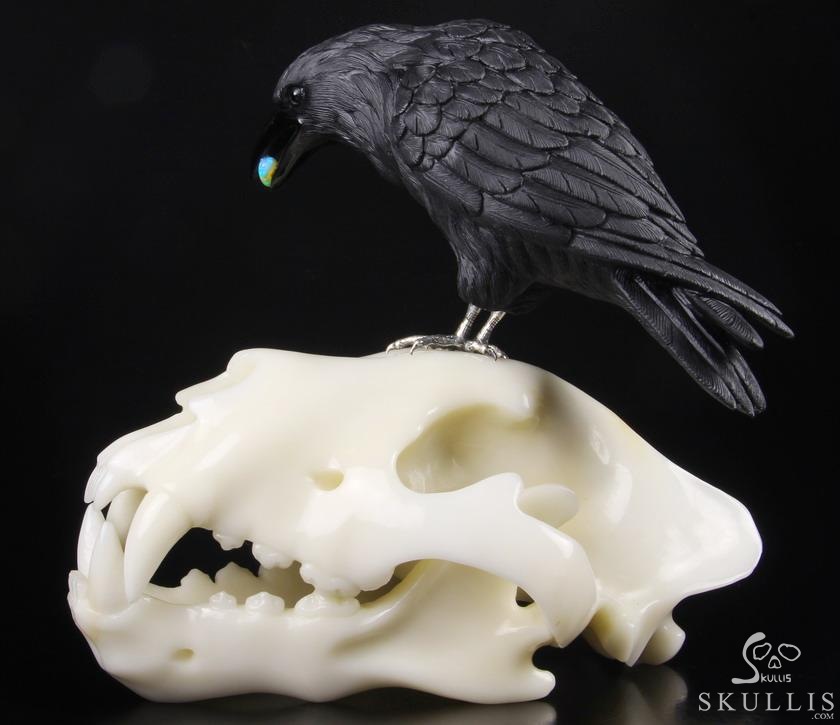 Original Titan 8.4" Black Obsidian Carved Crystal Raven with Opal in Mouth, Standing on Wolf Skull Sculpture, Crystal Healing Original Titan 8.4" Black Obsidian Carved Crystal Raven with Opal in Mouth, Standing on Wolf Skull Sculpture, Crystal Healing