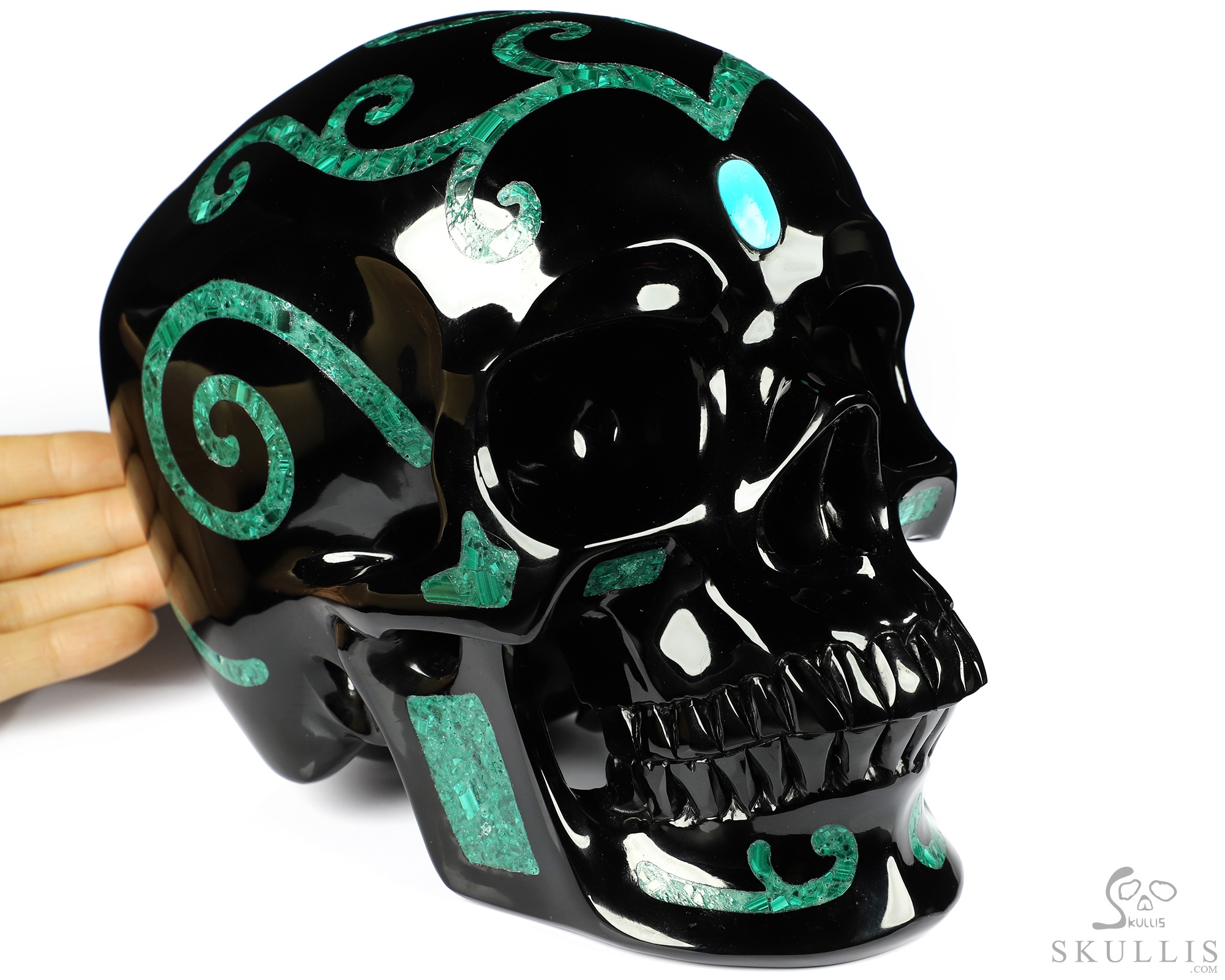 8.1" Black Obsidian & Malachite Inlay Carved Crystal Skull with Turquoise Heaven Eye,Super Realistic, Crystal Healing 8.1" Black Obsidian & Malachite Inlay Carved Crystal Skull with Turquoise Heaven Eye,Super Realistic, Crystal Healing