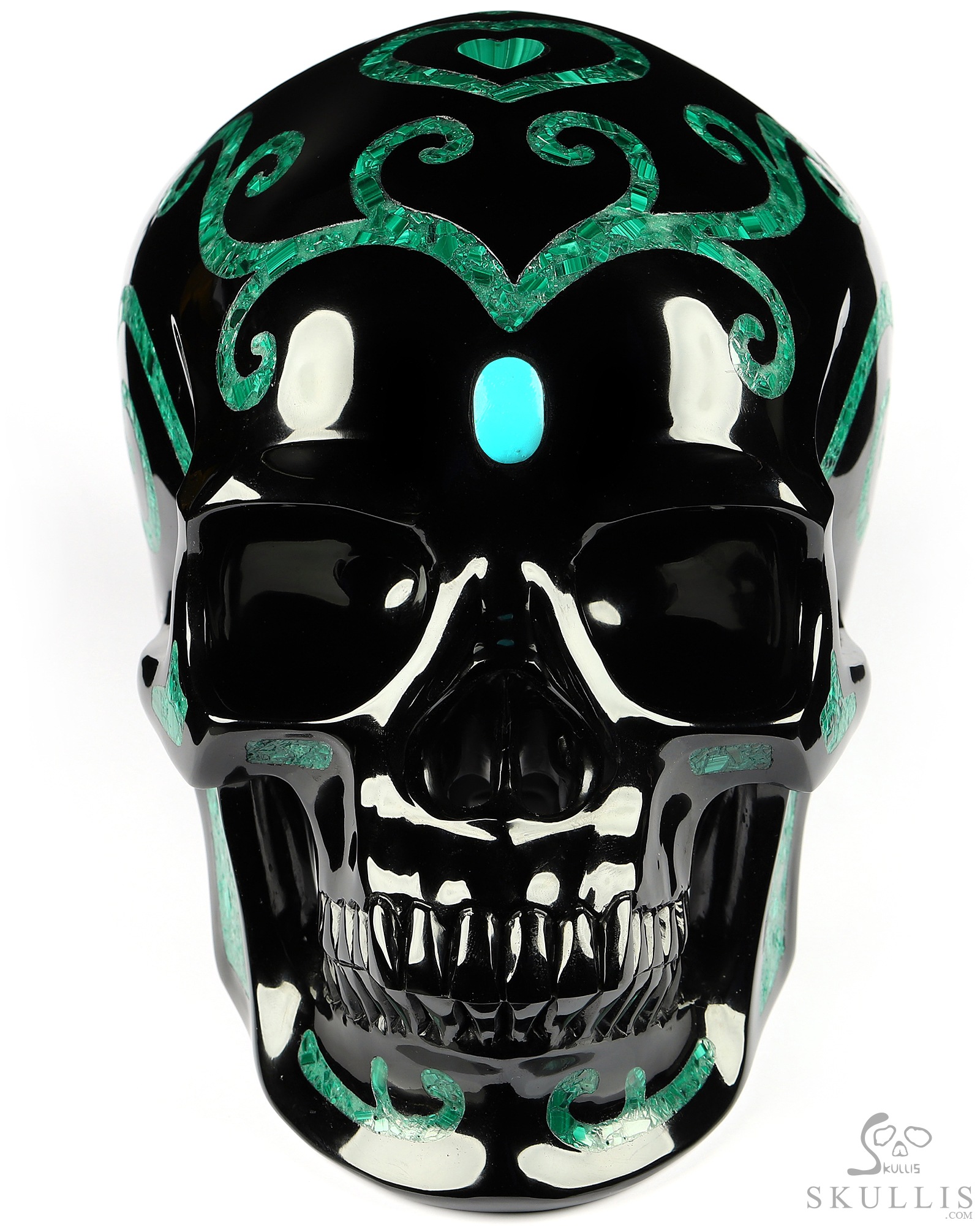 8.1" Black Obsidian & Malachite Inlay Carved Crystal Skull with Turquoise Heaven Eye,Super Realistic, Crystal Healing 8.1" Black Obsidian & Malachite Inlay Carved Crystal Skull with Turquoise Heaven Eye,Super Realistic, Crystal Healing