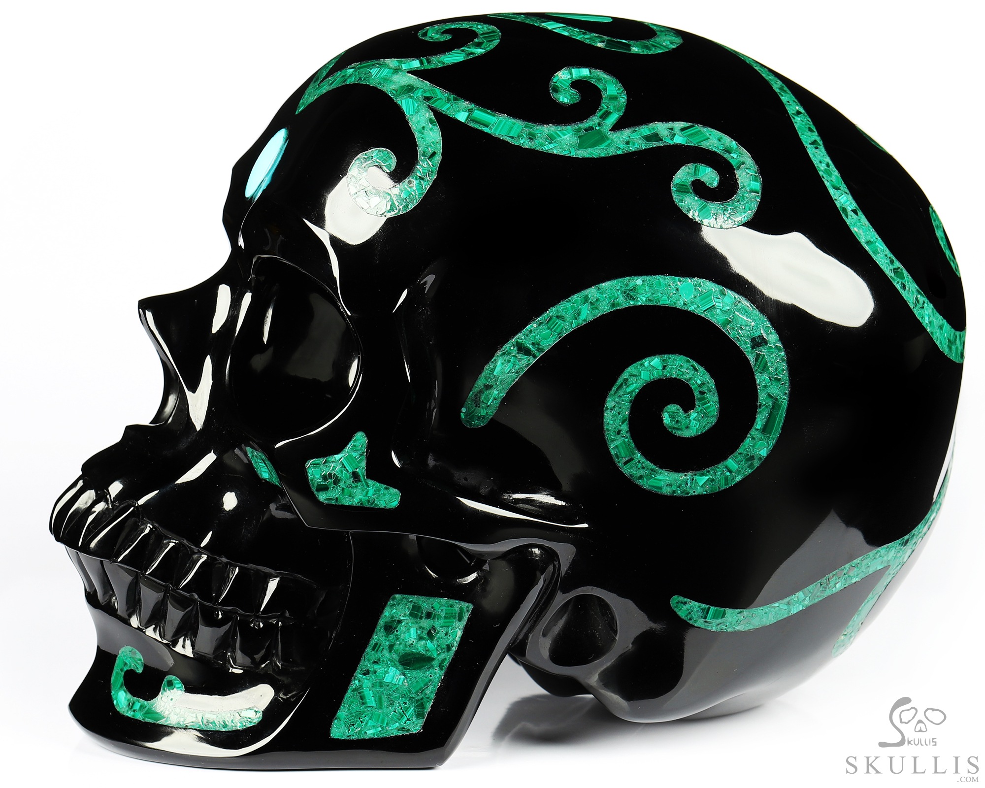 8.1" Black Obsidian & Malachite Inlay Carved Crystal Skull with Turquoise Heaven Eye,Super Realistic, Crystal Healing 8.1" Black Obsidian & Malachite Inlay Carved Crystal Skull with Turquoise Heaven Eye,Super Realistic, Crystal Healing