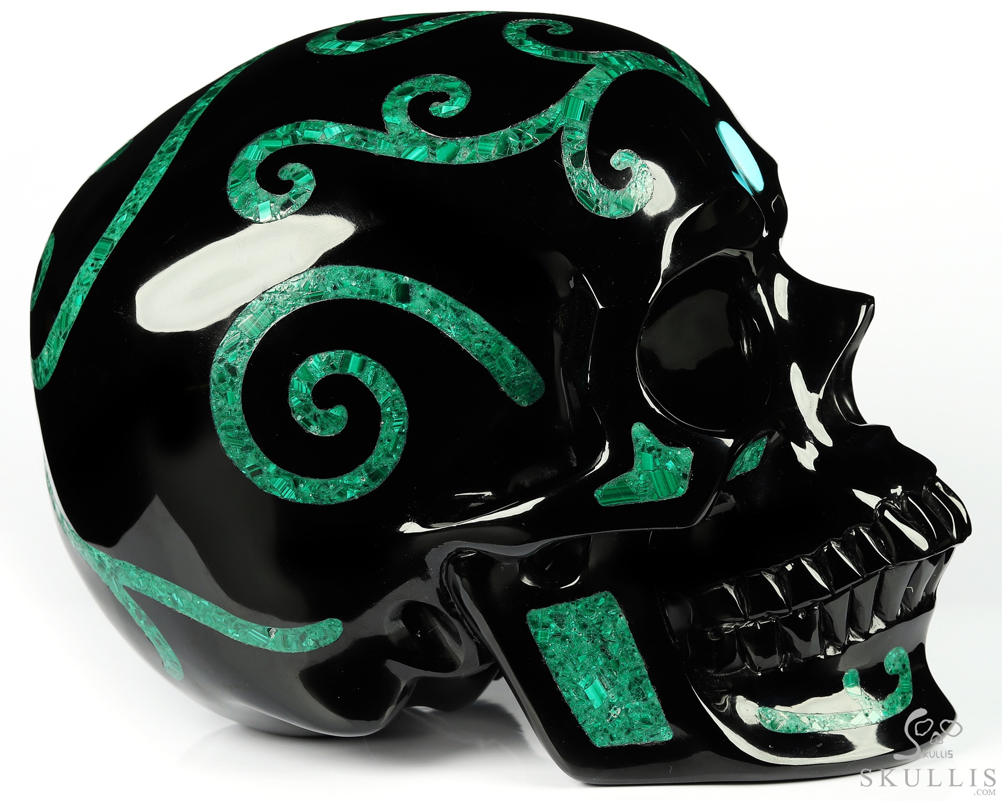 8.1" Black Obsidian & Malachite Inlay Carved Crystal Skull with Turquoise Heaven Eye,Super Realistic, Crystal Healing 8.1" Black Obsidian & Malachite Inlay Carved Crystal Skull with Turquoise Heaven Eye,Super Realistic, Crystal Healing