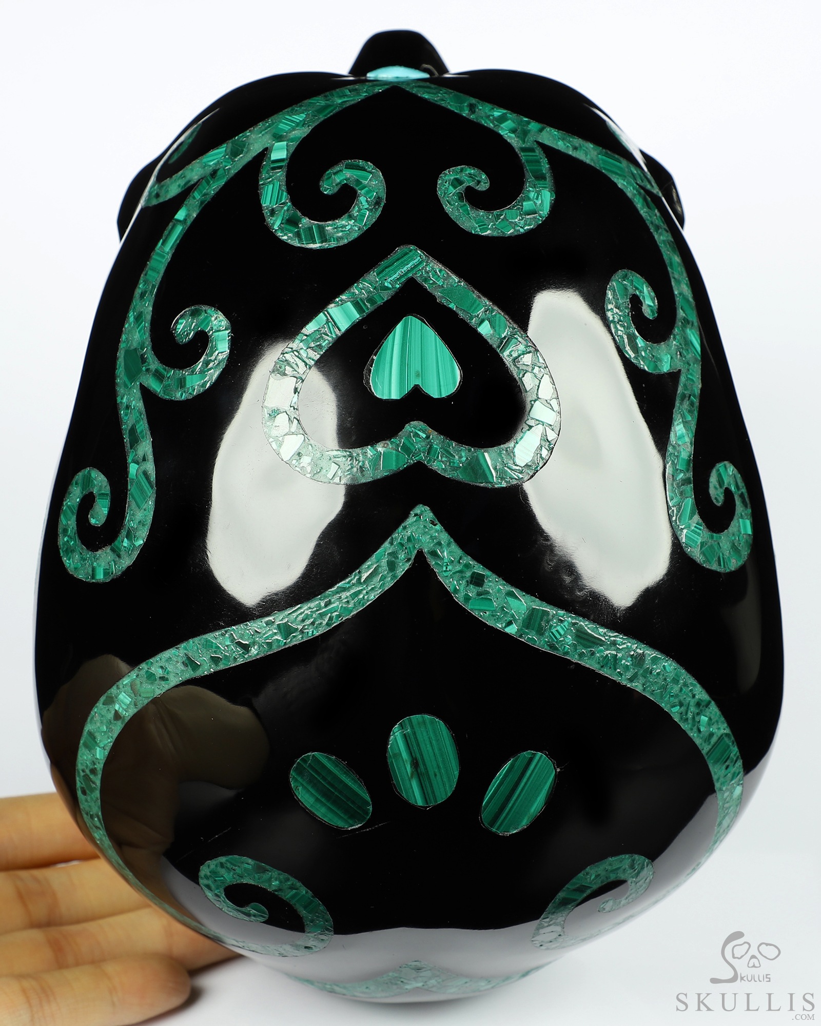 8.1" Black Obsidian & Malachite Inlay Carved Crystal Skull with Turquoise Heaven Eye,Super Realistic, Crystal Healing 8.1" Black Obsidian & Malachite Inlay Carved Crystal Skull with Turquoise Heaven Eye,Super Realistic, Crystal Healing