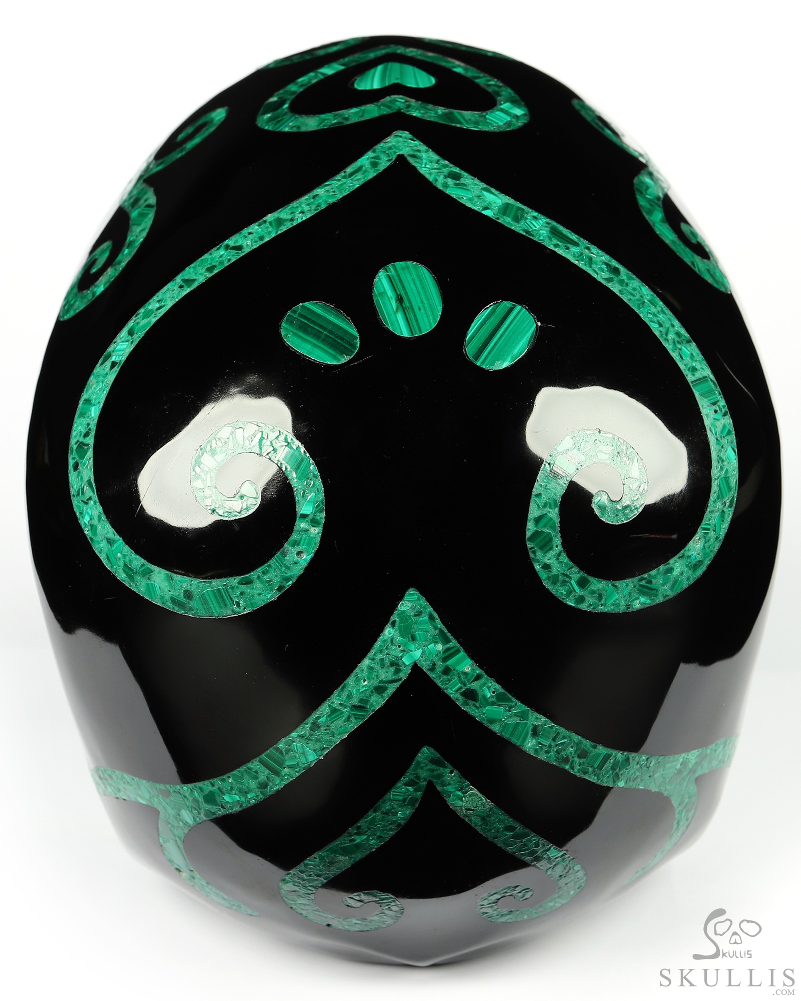 8.1" Black Obsidian & Malachite Inlay Carved Crystal Skull with Turquoise Heaven Eye,Super Realistic, Crystal Healing 8.1" Black Obsidian & Malachite Inlay Carved Crystal Skull with Turquoise Heaven Eye,Super Realistic, Crystal Healing