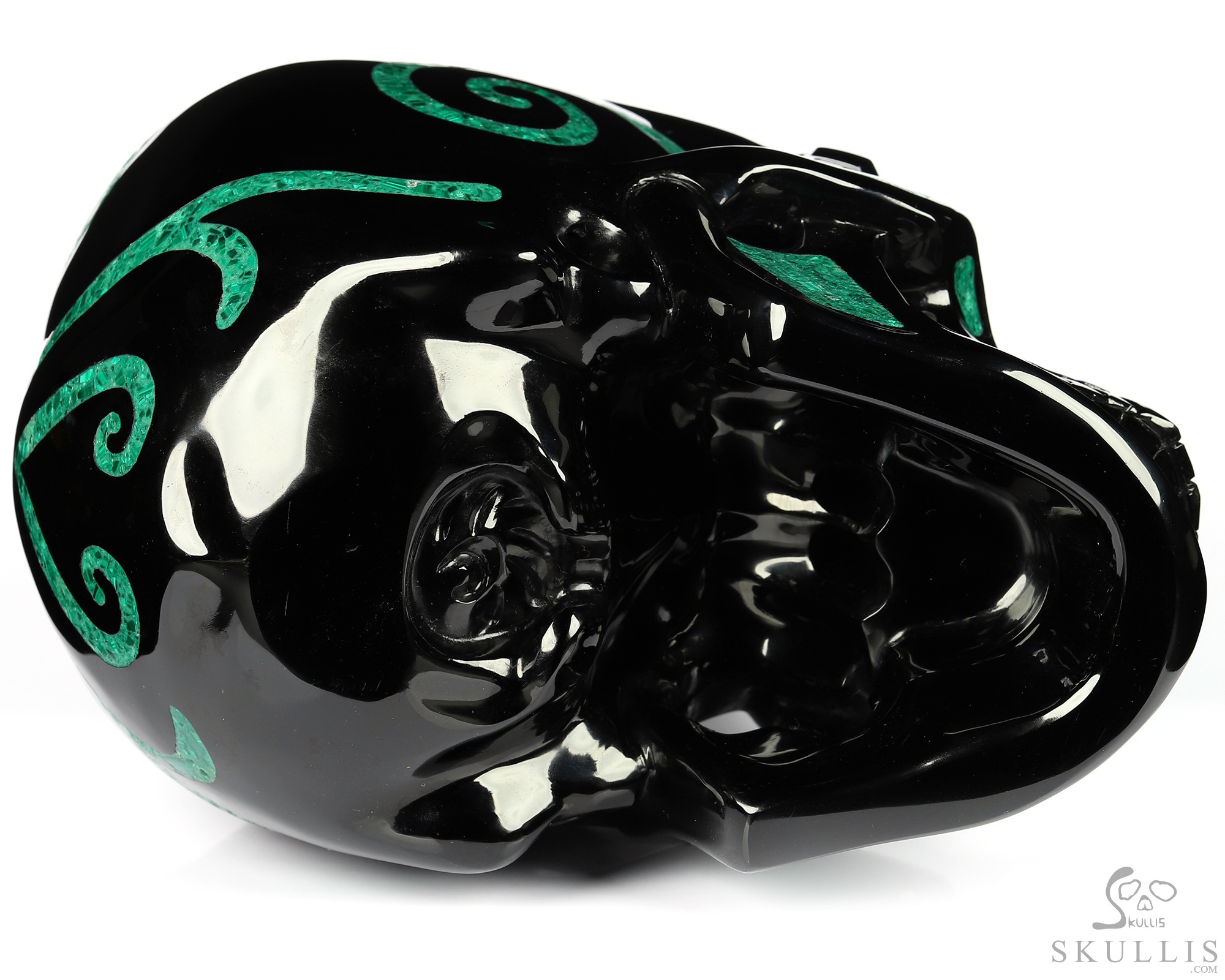 8.1" Black Obsidian & Malachite Inlay Carved Crystal Skull with Turquoise Heaven Eye,Super Realistic, Crystal Healing 8.1" Black Obsidian & Malachite Inlay Carved Crystal Skull with Turquoise Heaven Eye,Super Realistic, Crystal Healing