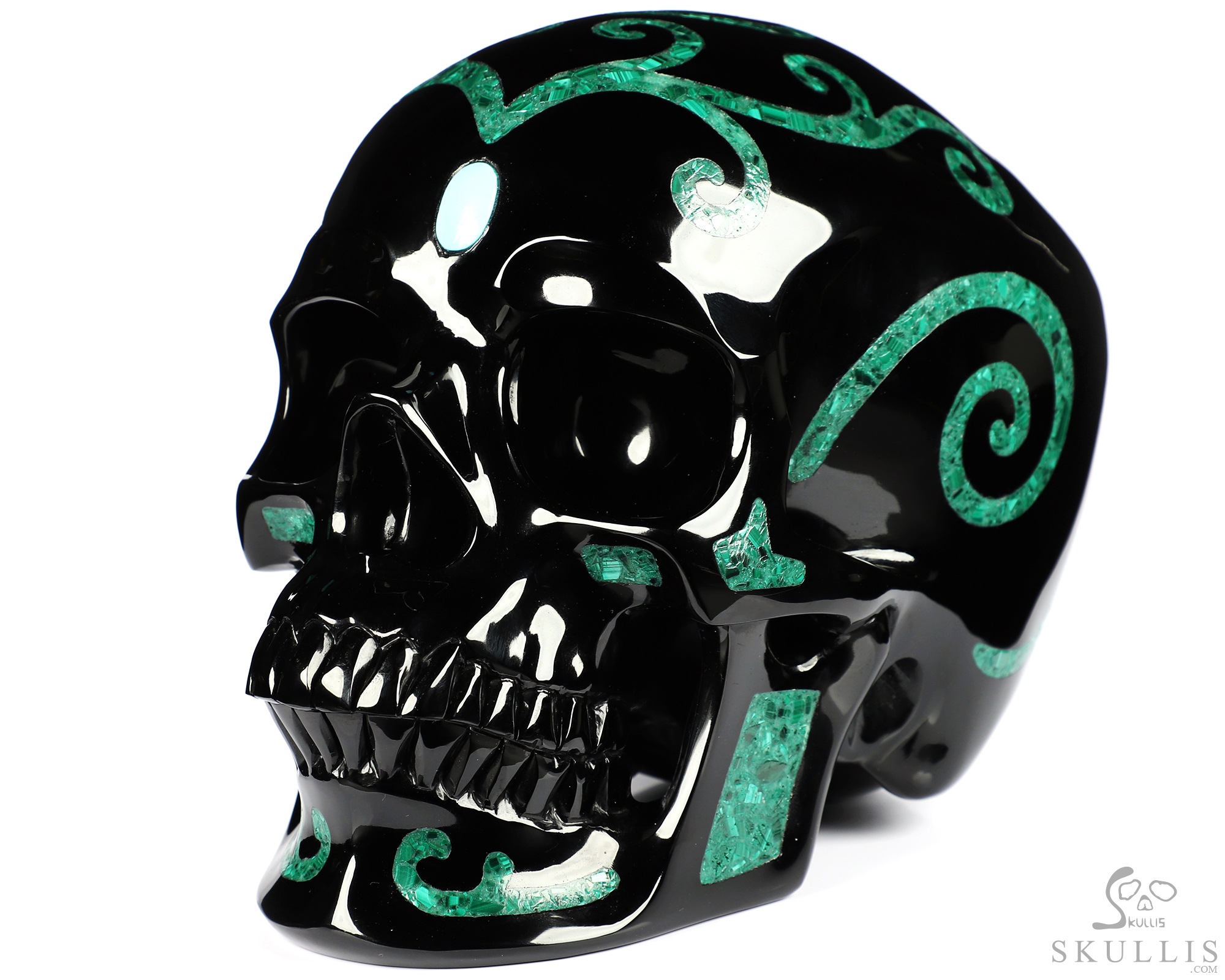 8.1" Black Obsidian & Malachite Inlay Carved Crystal Skull with Turquoise Heaven Eye,Super Realistic, Crystal Healing 8.1" Black Obsidian & Malachite Inlay Carved Crystal Skull with Turquoise Heaven Eye,Super Realistic, Crystal Healing