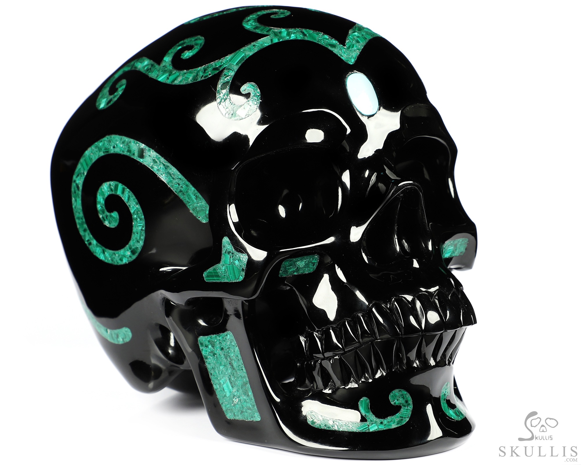 8.1" Black Obsidian & Malachite Inlay Carved Crystal Skull with Turquoise Heaven Eye,Super Realistic, Crystal Healing 8.1" Black Obsidian & Malachite Inlay Carved Crystal Skull with Turquoise Heaven Eye,Super Realistic, Crystal Healing