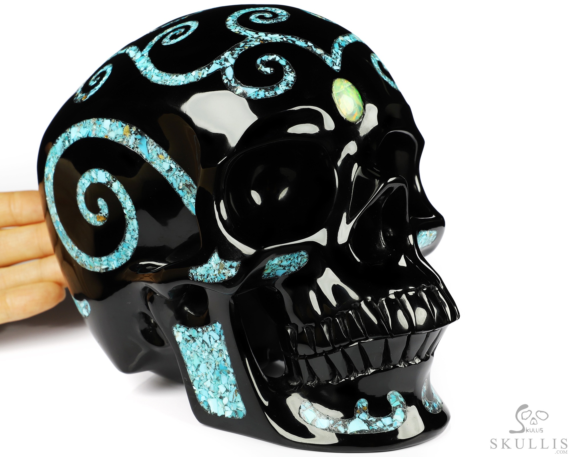 Lifesized 6.9" Black Obsidian & Turquoise Inlay Carved Crystal Skull with Opal Heaven Eye,Super Realistic, Crystal Healing Lifesized 6.9" Black Obsidian & Turquoise Inlay Carved Crystal Skull with Opal Heaven Eye,Super Realistic, Crystal Healing