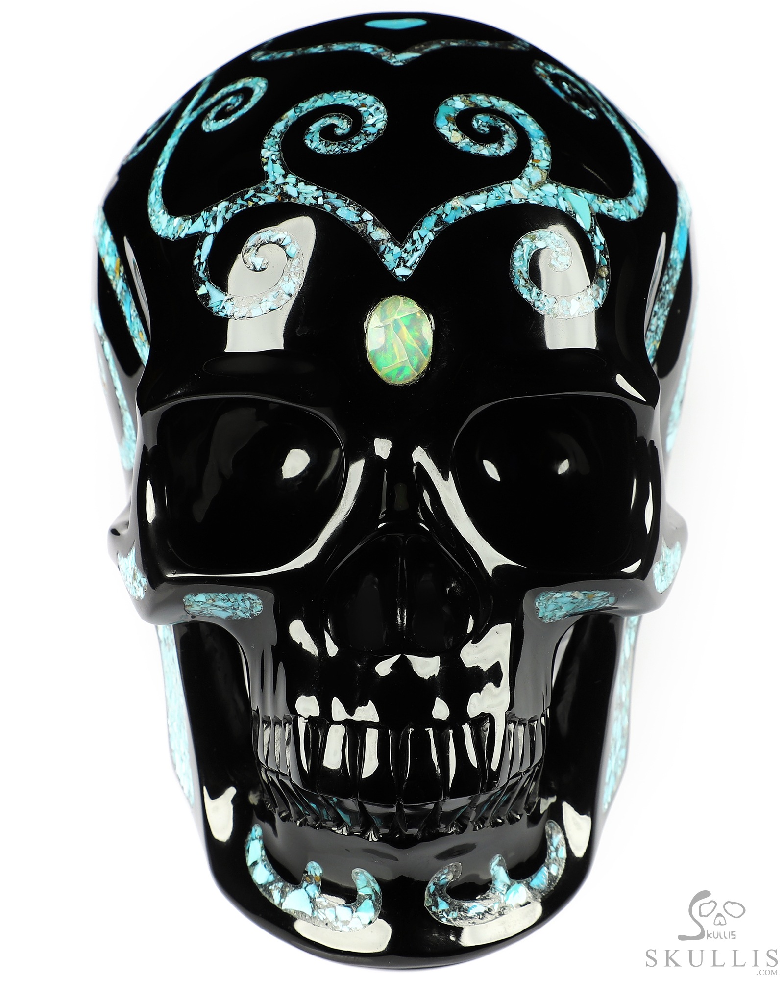 Lifesized 6.9" Black Obsidian & Turquoise Inlay Carved Crystal Skull with Opal Heaven Eye,Super Realistic, Crystal Healing Lifesized 6.9" Black Obsidian & Turquoise Inlay Carved Crystal Skull with Opal Heaven Eye,Super Realistic, Crystal Healing