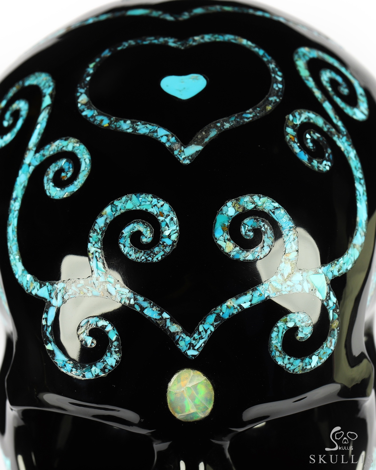 Lifesized 6.9" Black Obsidian & Turquoise Inlay Carved Crystal Skull with Opal Heaven Eye,Super Realistic, Crystal Healing Lifesized 6.9" Black Obsidian & Turquoise Inlay Carved Crystal Skull with Opal Heaven Eye,Super Realistic, Crystal Healing