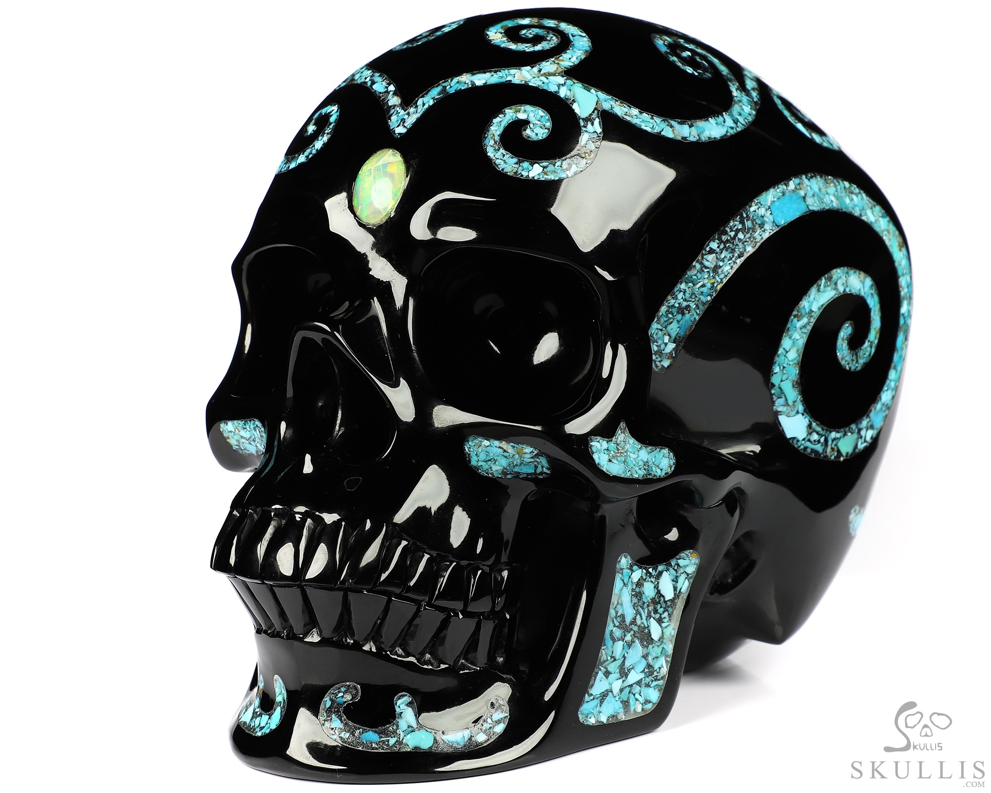 Lifesized 6.9" Black Obsidian & Turquoise Inlay Carved Crystal Skull with Opal Heaven Eye,Super Realistic, Crystal Healing Lifesized 6.9" Black Obsidian & Turquoise Inlay Carved Crystal Skull with Opal Heaven Eye,Super Realistic, Crystal Healing