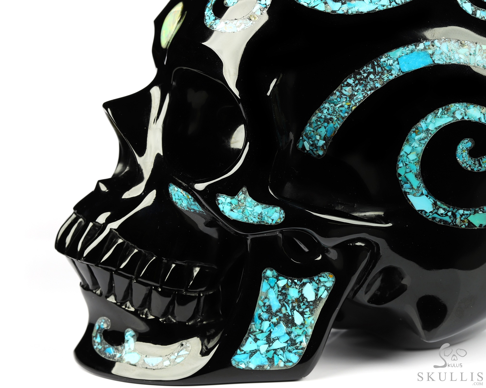 Lifesized 6.9" Black Obsidian & Turquoise Inlay Carved Crystal Skull with Opal Heaven Eye,Super Realistic, Crystal Healing Lifesized 6.9" Black Obsidian & Turquoise Inlay Carved Crystal Skull with Opal Heaven Eye,Super Realistic, Crystal Healing