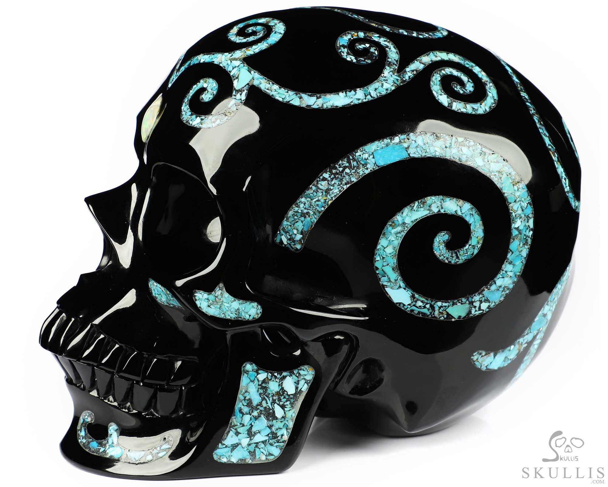 Lifesized 6.9" Black Obsidian & Turquoise Inlay Carved Crystal Skull with Opal Heaven Eye,Super Realistic, Crystal Healing Lifesized 6.9" Black Obsidian & Turquoise Inlay Carved Crystal Skull with Opal Heaven Eye,Super Realistic, Crystal Healing
