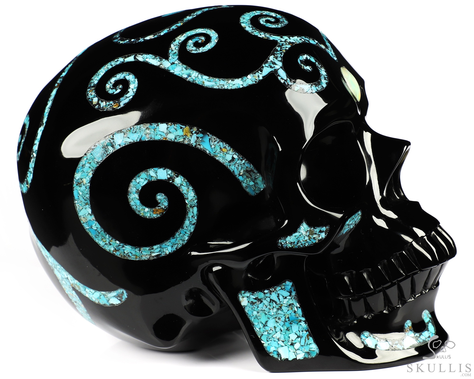 Lifesized 6.9" Black Obsidian & Turquoise Inlay Carved Crystal Skull with Opal Heaven Eye,Super Realistic, Crystal Healing Lifesized 6.9" Black Obsidian & Turquoise Inlay Carved Crystal Skull with Opal Heaven Eye,Super Realistic, Crystal Healing