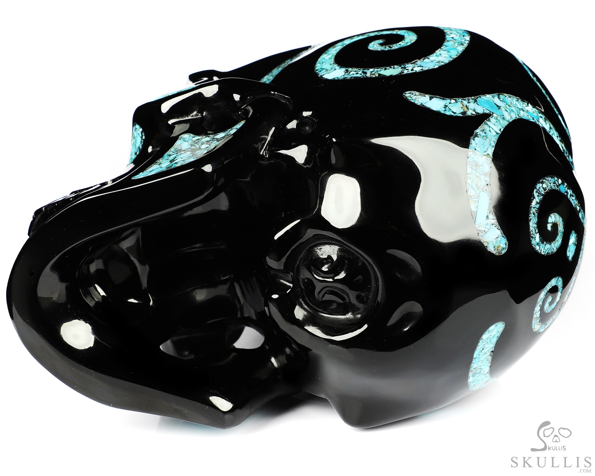 Lifesized 6.9" Black Obsidian & Turquoise Inlay Carved Crystal Skull with Opal Heaven Eye,Super Realistic, Crystal Healing Lifesized 6.9" Black Obsidian & Turquoise Inlay Carved Crystal Skull with Opal Heaven Eye,Super Realistic, Crystal Healing