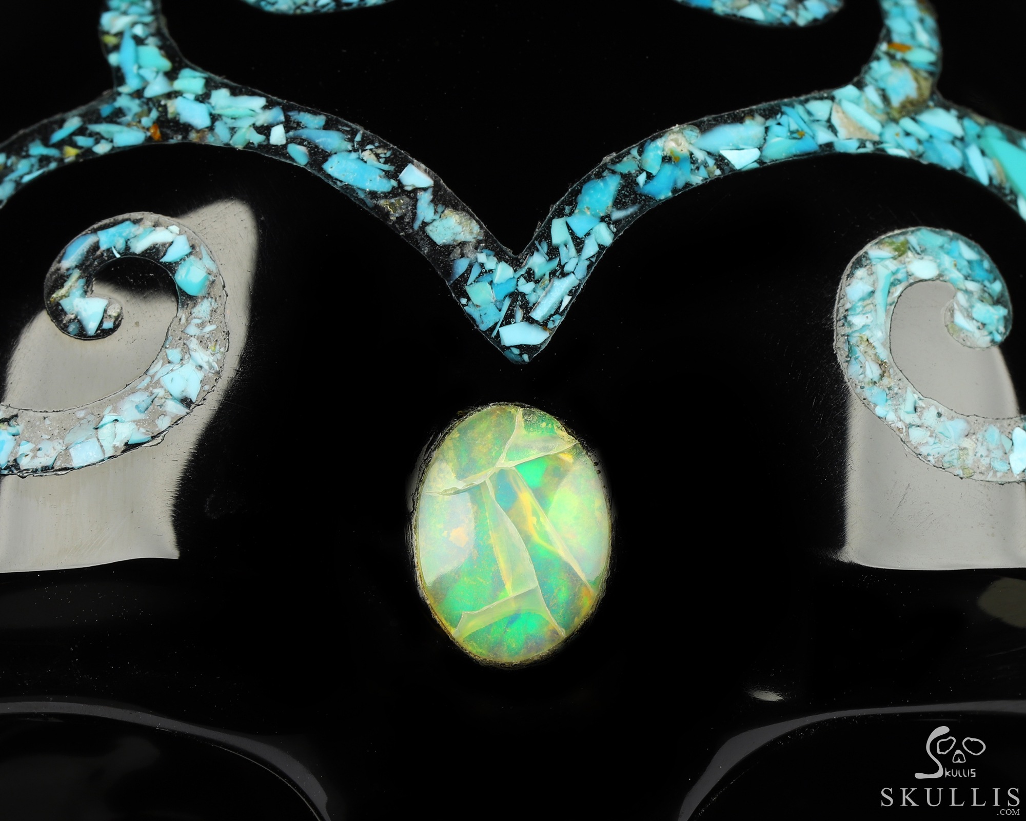 Lifesized 6.9" Black Obsidian & Turquoise Inlay Carved Crystal Skull with Opal Heaven Eye,Super Realistic, Crystal Healing Lifesized 6.9" Black Obsidian & Turquoise Inlay Carved Crystal Skull with Opal Heaven Eye,Super Realistic, Crystal Healing