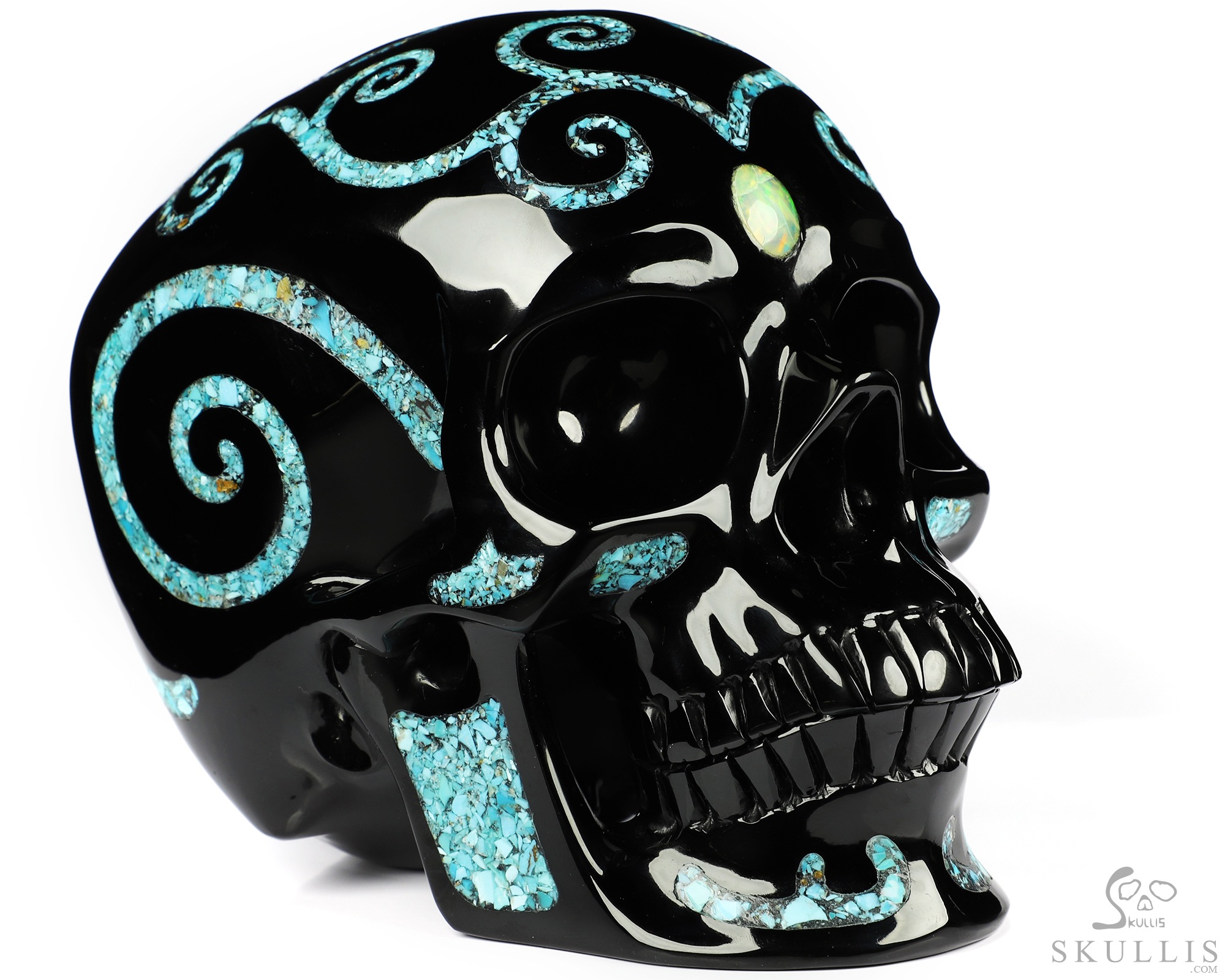 Lifesized 6.9" Black Obsidian & Turquoise Inlay Carved Crystal Skull with Opal Heaven Eye,Super Realistic, Crystal Healing Lifesized 6.9" Black Obsidian & Turquoise Inlay Carved Crystal Skull with Opal Heaven Eye,Super Realistic, Crystal Healing