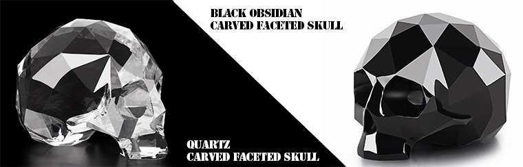 Black Obsidian & Quartz Faceted Carved Crystal Skulls