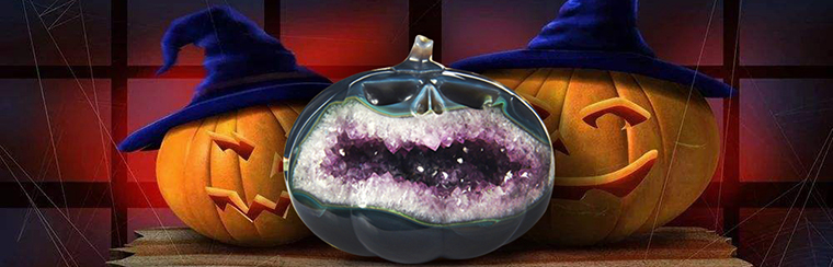 AGATE AMETHYST GEODE Carved Crystal Jack lantern Halloween Skull