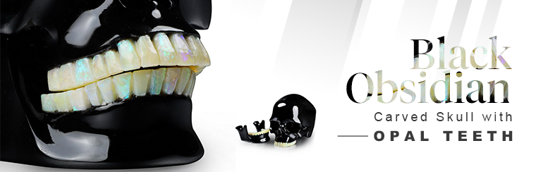 Black Obsidian Carved Crystal Skull with Opal Teeth